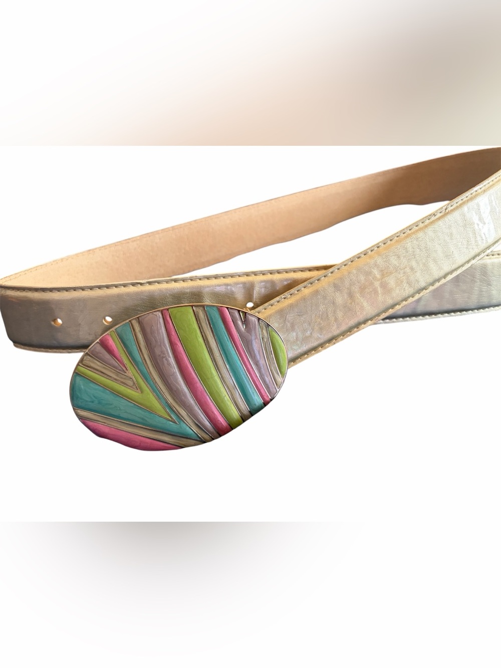 Vintage Iridescent Leather Belt with Multi-Color Striped Enamel Oval Buckle 49”